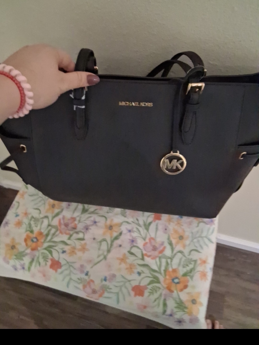 Michael Kors Black Leather Tote with Gold MK Charm